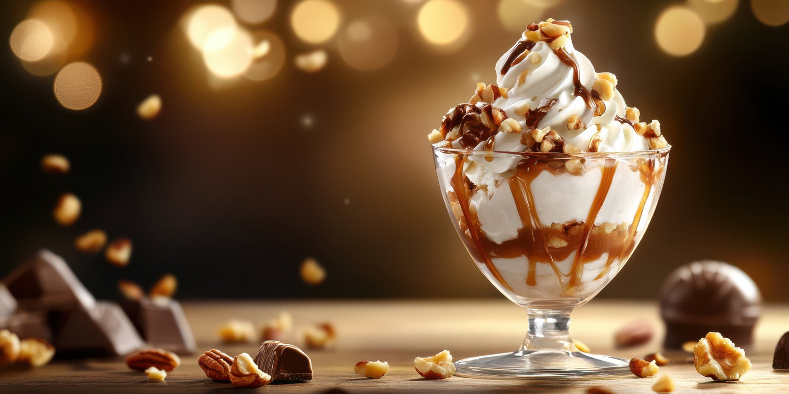 Delicious dessert served in a glass bowl topped with caramel, nuts, and chocolate on a beautifully lit table